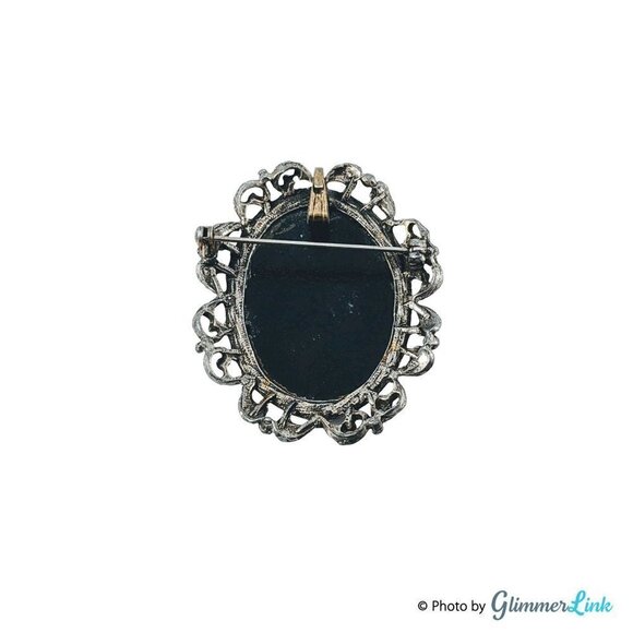 Vintage Two Boys Garden Oval Black & Gold Enamel Silver Tone Brooch Pendant - Picture 7 of 9